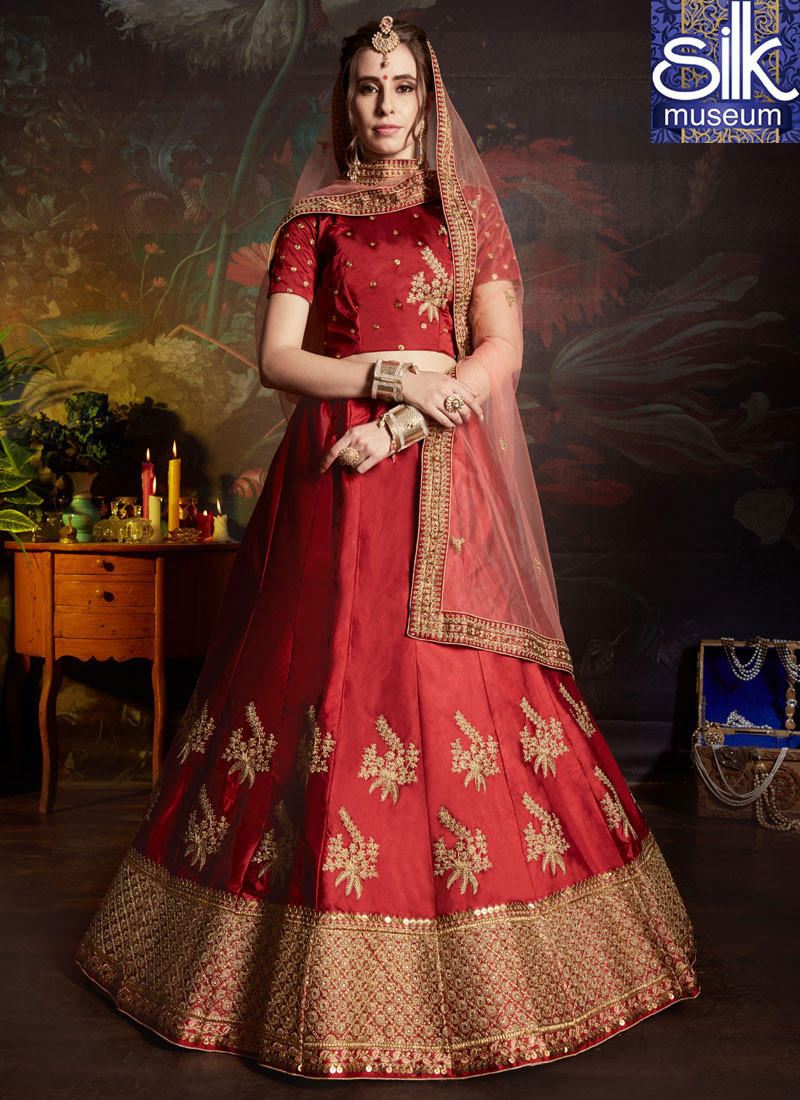 Wonderful Maroon Color Satin Designer Wedding Wear Lehenga Choli