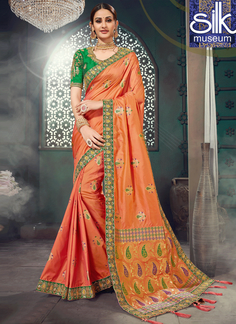 Splendorous Orange Color Bhagalpuri Silk New Designer Party Wear Saree