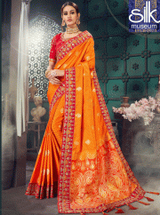 Lovely Orange Color Bhagalpuri New Traditional Party Wear Saree