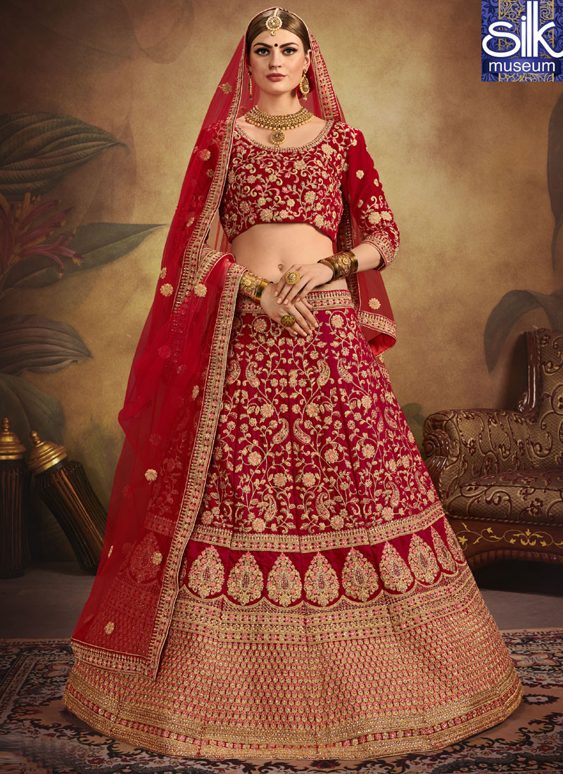 Sparkling Red Color Pure Soft Velvet Designer Wedding Wear Lehenga Choli