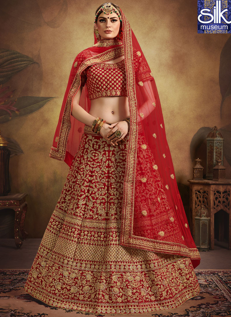 Attractive Red Color Pure Velvet New Designer Bridal Wear Lehenga Choli