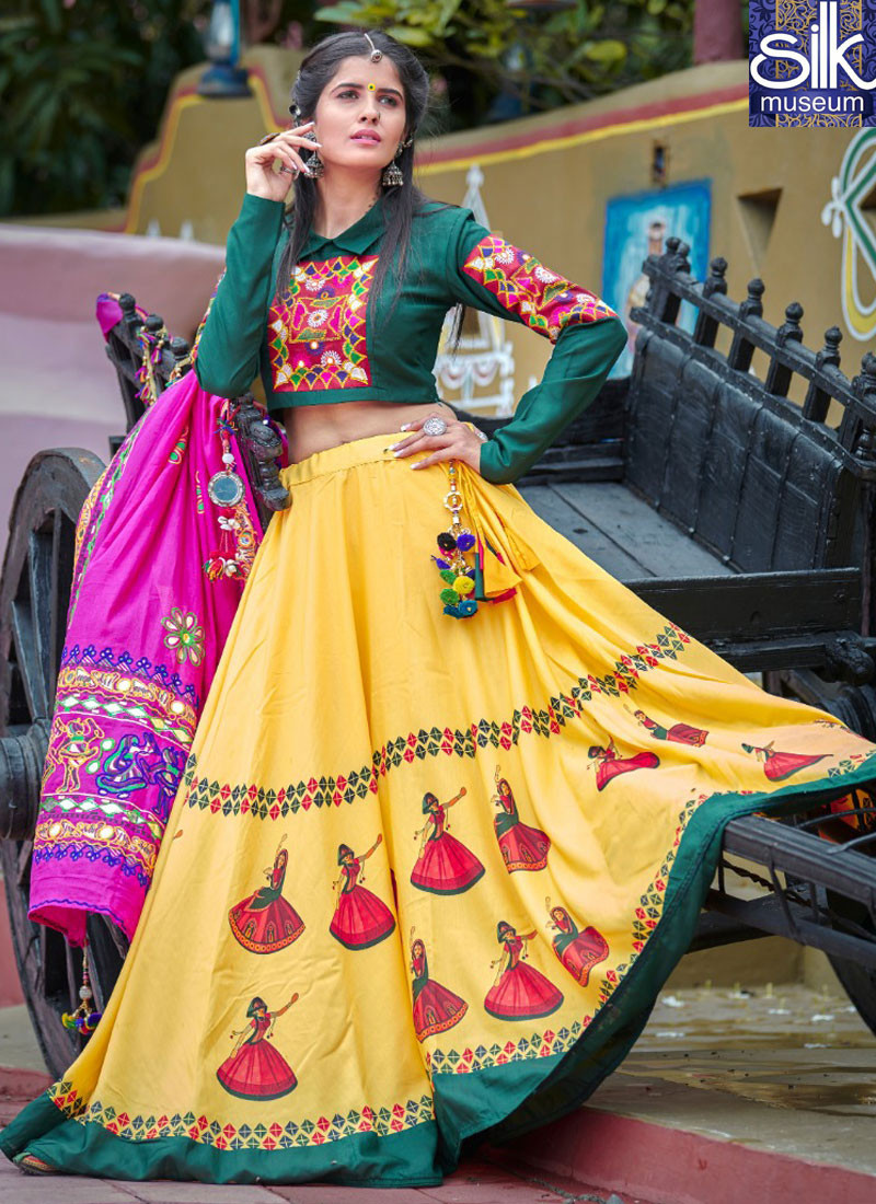 Lovely Yellow And Green Color Cotton Designer Party Wear Lehenga Choli