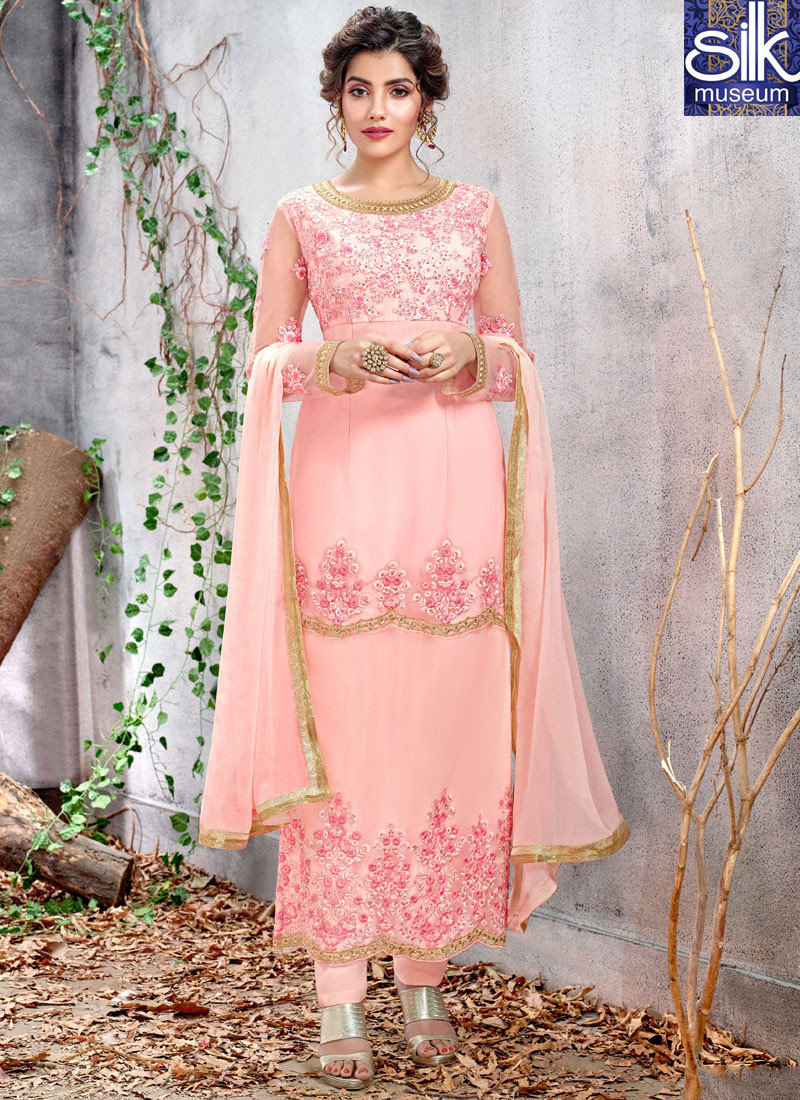 Stylish Light Pink Color Net Fabric New Designer Party Wear Straight Suit
