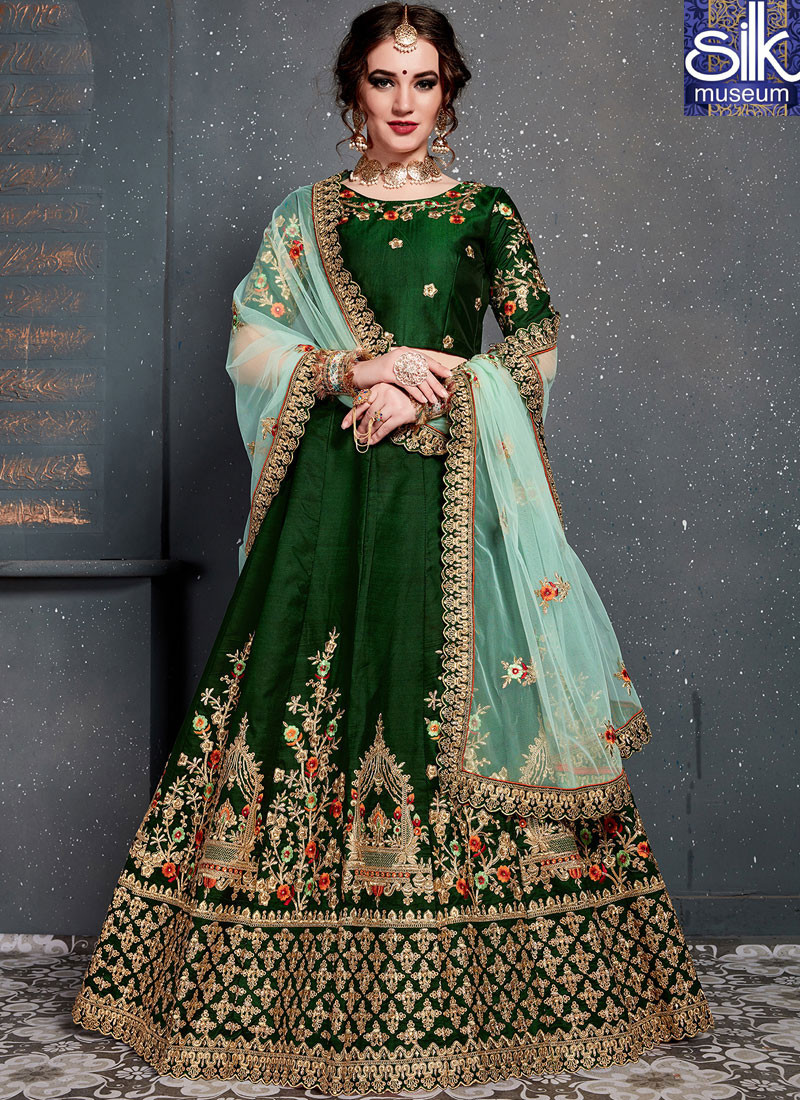 Awesome Green Color Satin Silk New Designer Wedding Wear Lehenga Choli