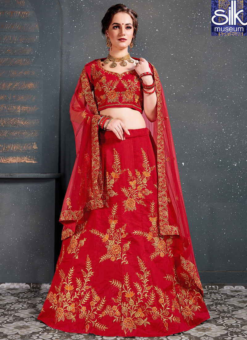 Sparkling Red Color Art Silk New Designer Wedding Wear A Line Lehenga Choli