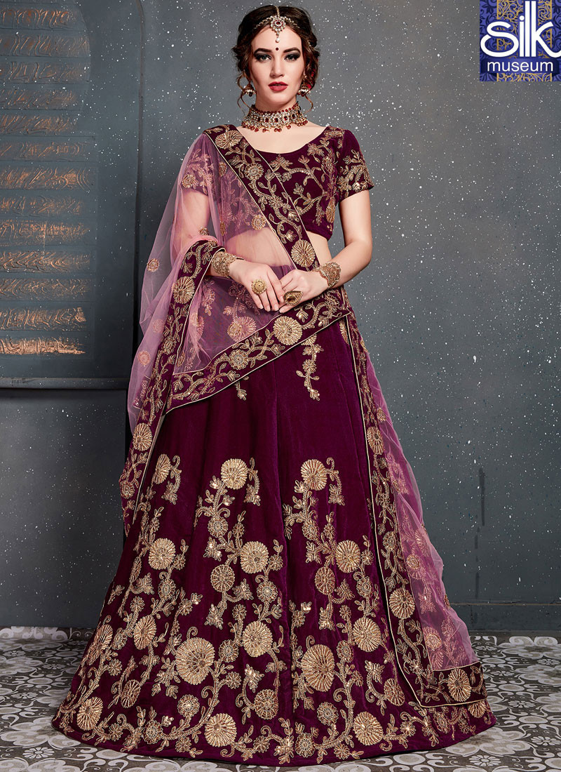 Magnetic Purple Color Velvet Designer Wedding Wear A Line Lehenga Choli