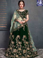 Stunning Green Color Velvet Designer Wedding Wear A Line Lehenga Choli