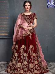 Stylish Maroon Color Velvet New Designer Bridal Wear A Line Lehenga Choli