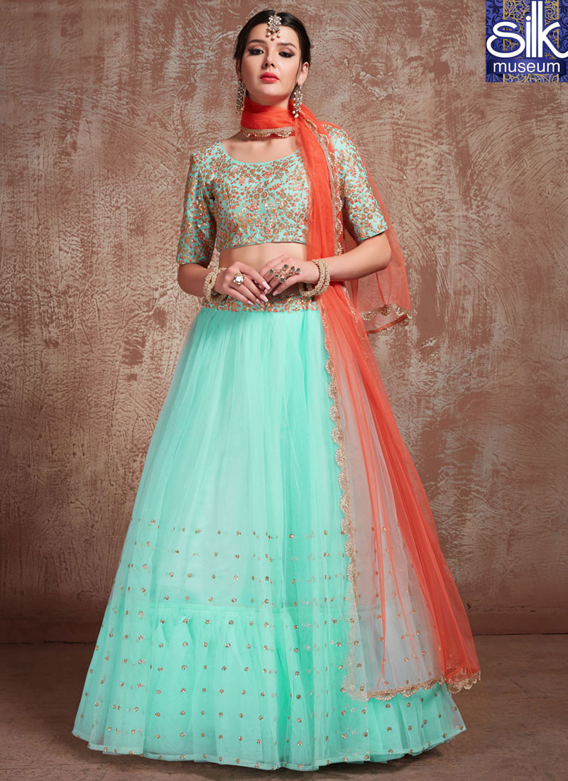 Sparkling Turquoise Color Soft Net Designer Party Wear Lehenga Choli