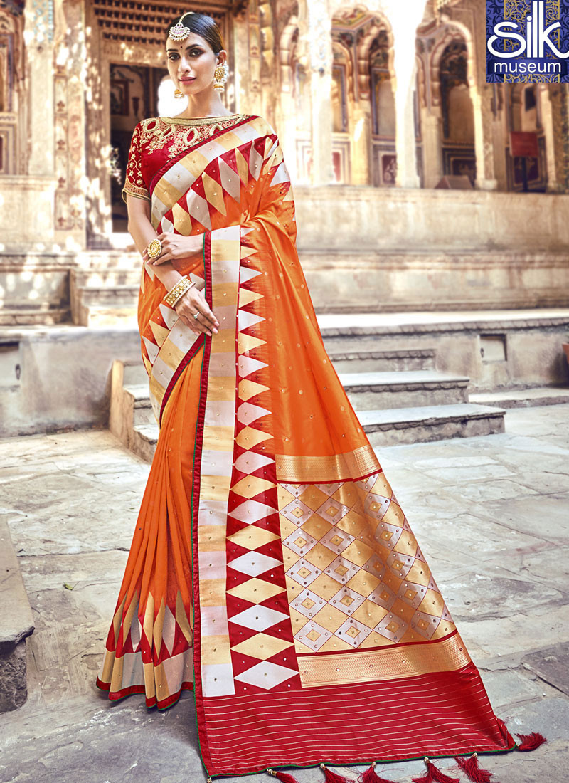 Delightful Orange Color Banarasi Silk Traditional Party Wear Saree