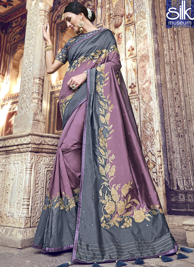 Majestic Lavender With Grey Color Banarasi Silk Designer Party Wear Saree