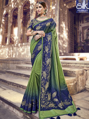 Awesome Green And Blue Color Banarasi Silk New Designer Traditional Party Wear Saree