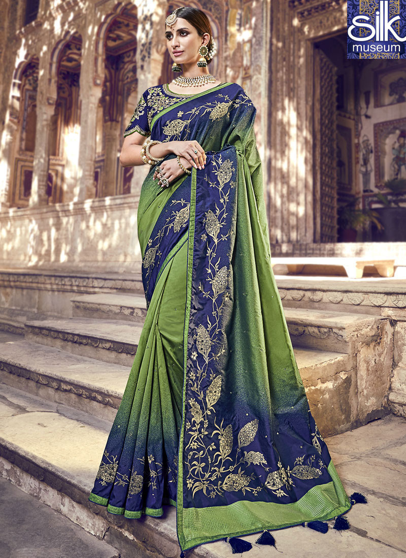 Awesome Green And Blue Color Banarasi Silk New Designer Traditional Party Wear Saree