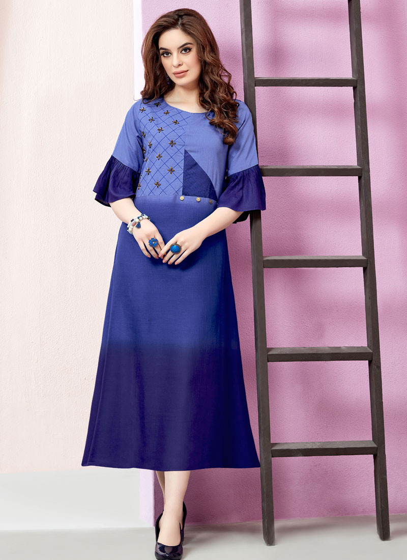 Divine Blue Color Rayon Fabric New Designer Party Wear Kurti