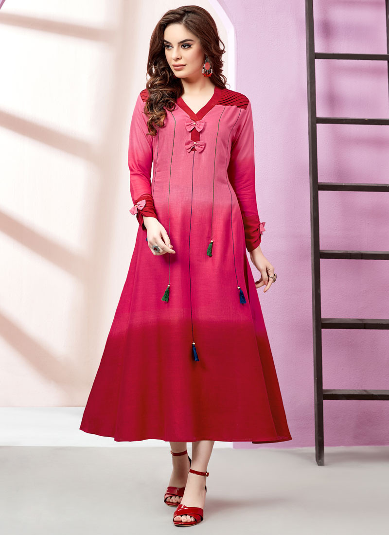 Outstanding Pink And Red Color Rayon Fabric New Designer Party Wear Kurti