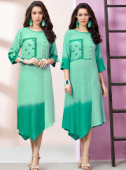 Splendorous Sea Green Color Rayon Fabric New Designer Party Wear Kurti