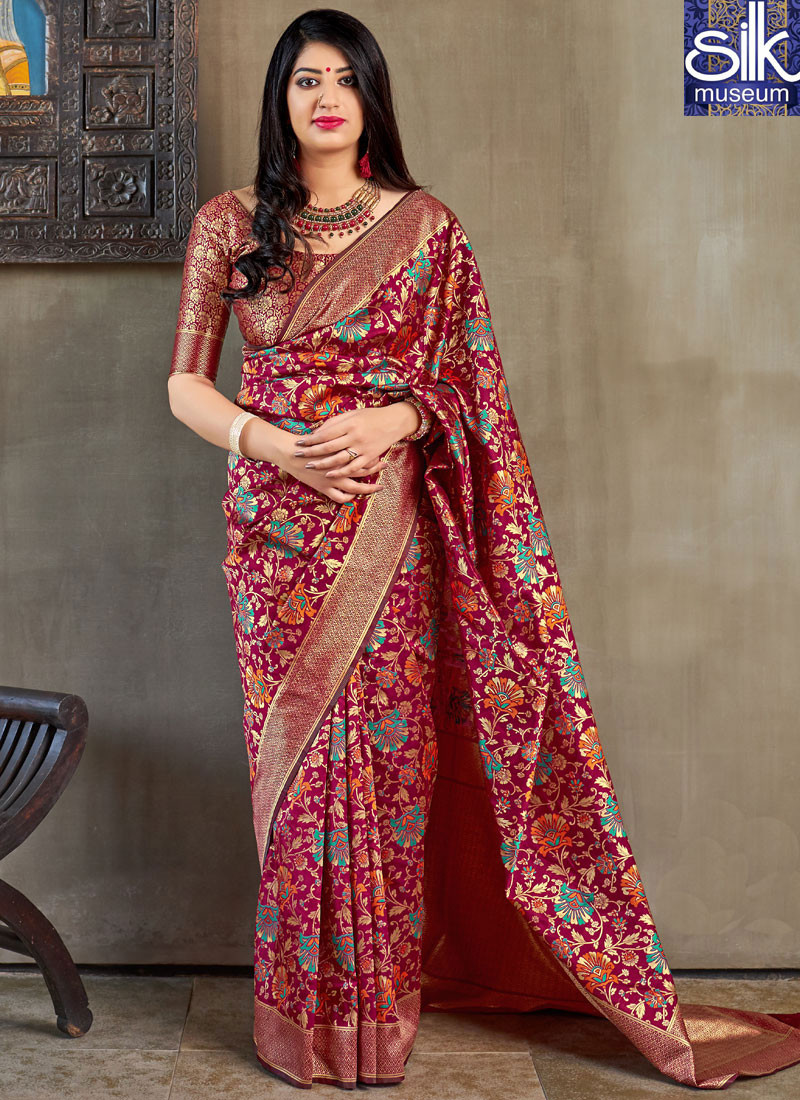 Awesome Designer Maroon Color Banarasi Silk Party Wear Traditional Saree