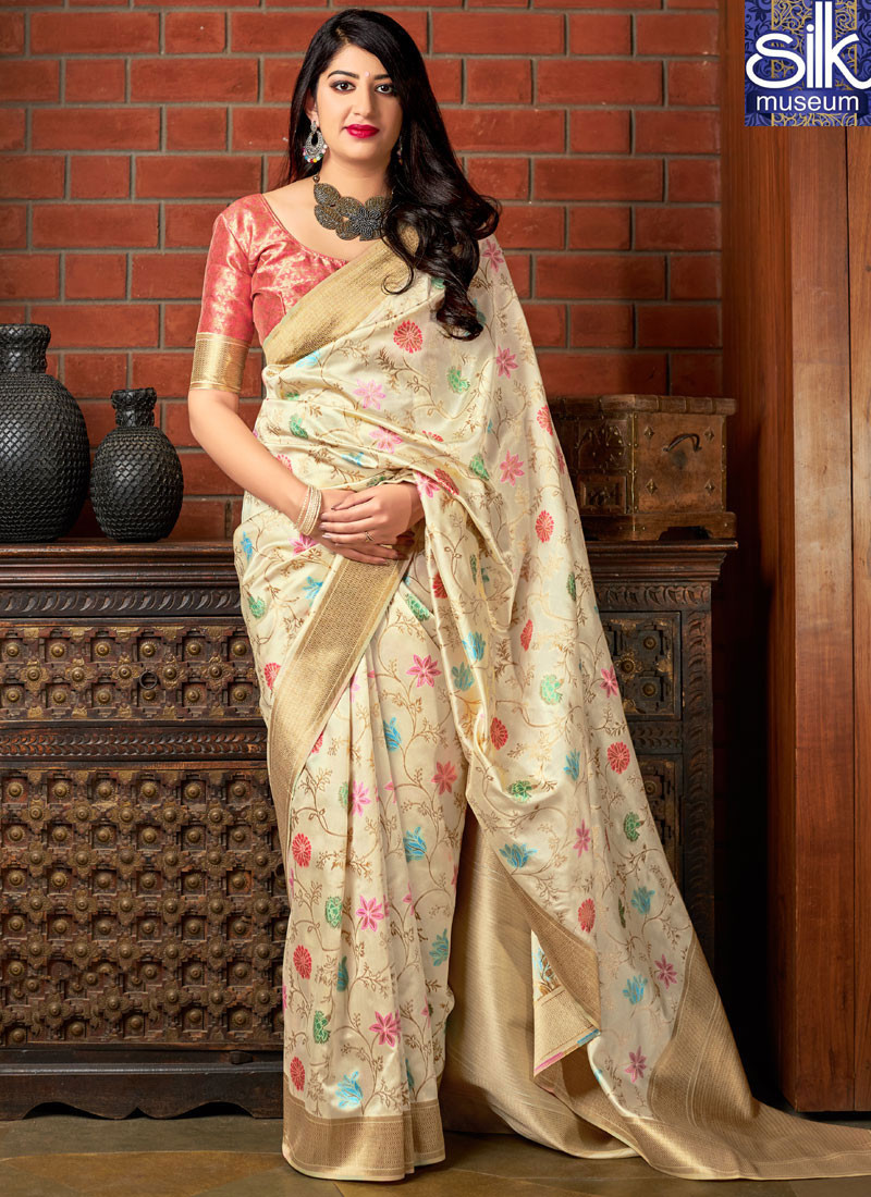 Speechless Cream Color Banarasi Silk Designer Traditional Wear Saree