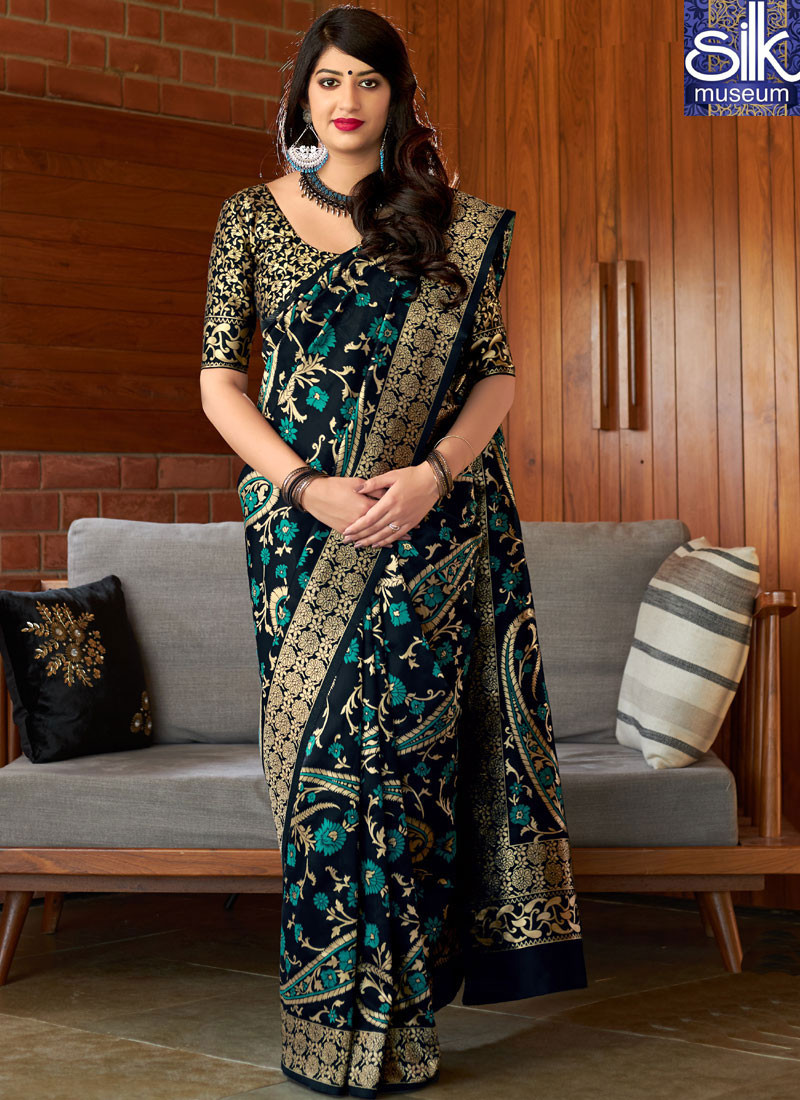 Magnetic Black And Teal Color Banarasi Silk Designer Traditional Party Wear Saree