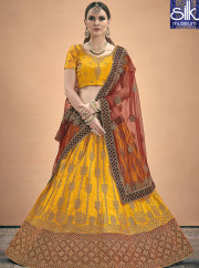 Divine Mustard Color Satin Fabric Designer Wedding Wear Traditional Lehenga