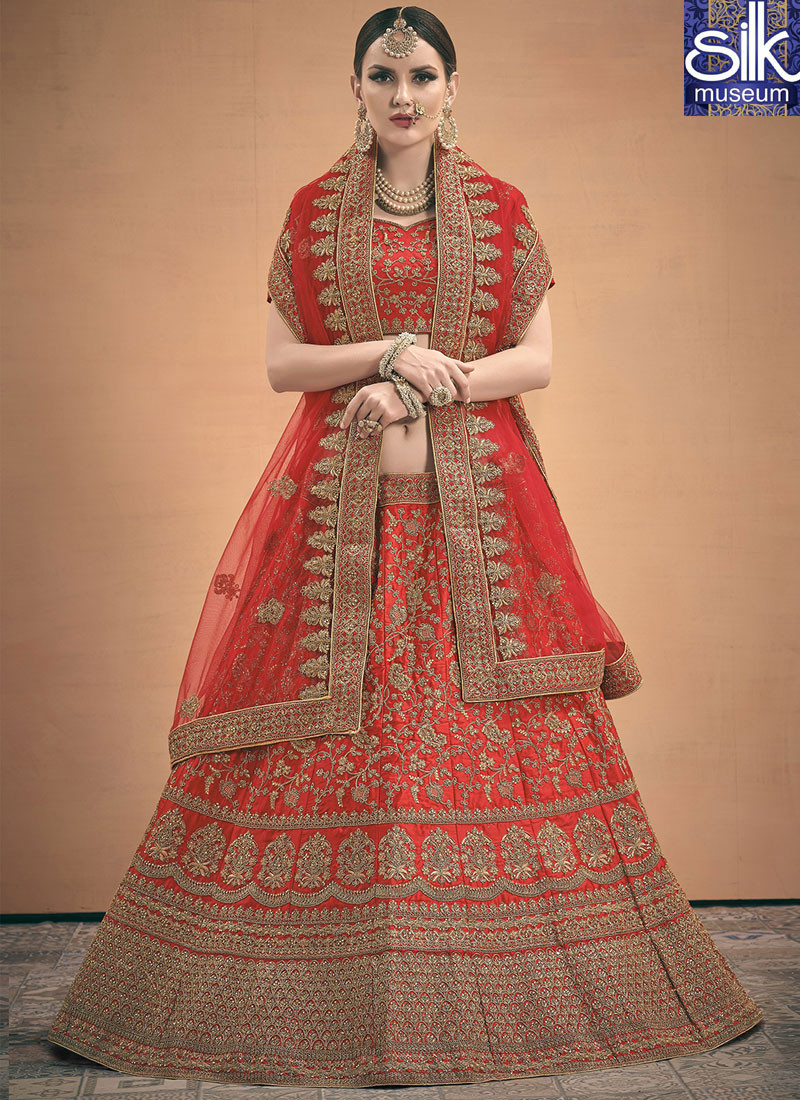Sparkling Red Color Satin Fabric New Designer Bridal Wear Lehenga Choli