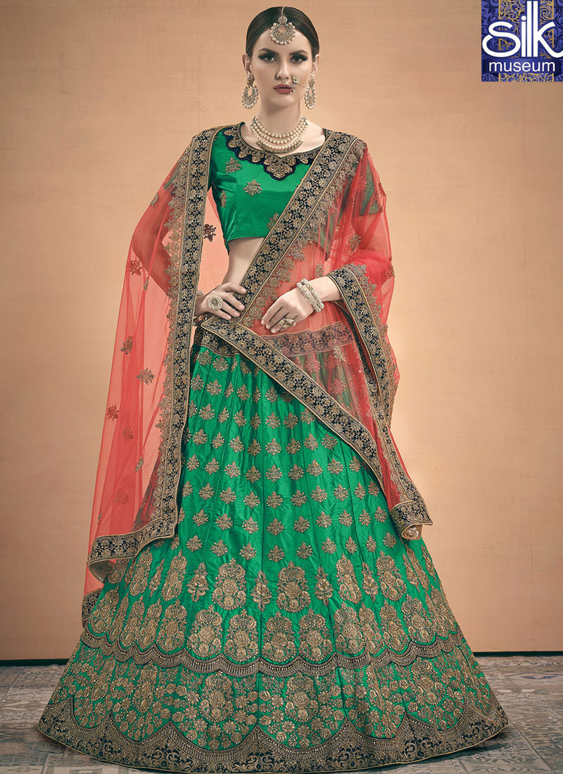 Splendorous Green Color Satin Fabric New Designer Traditional Lehenga Choli