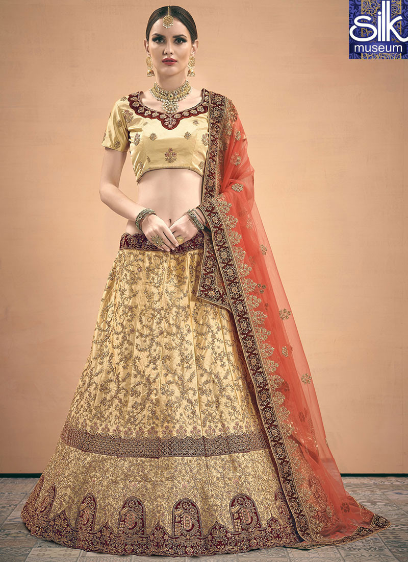 Majestic Cream Color Satin Fabric New Designer Traditional Wedding Wear Lehenga Choli