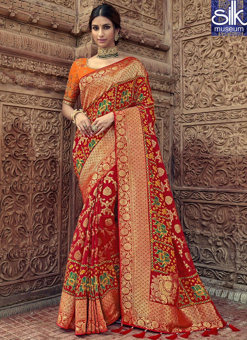 Beautiful Red With Orange Color Silk Fabric New Traditional Wedding Wear Saree