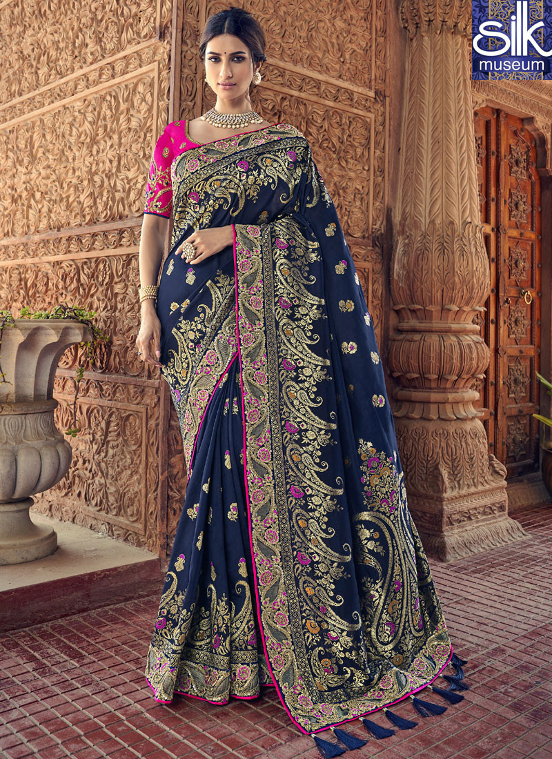 Magnetic Blue Color Silk Fabric New Designer Wedding Wear Traditional Saree