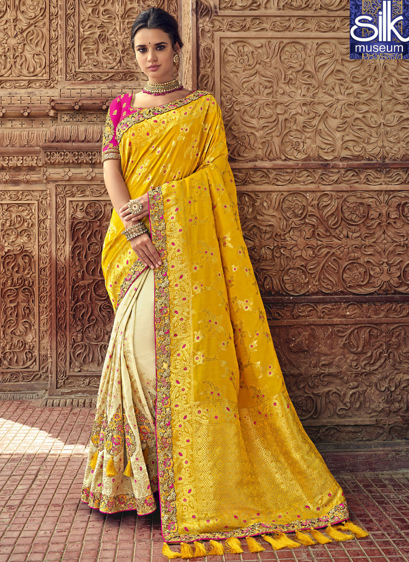 Sparkling Yellow With Cream Color Silk Designer Wedding Wear Traditional Saree