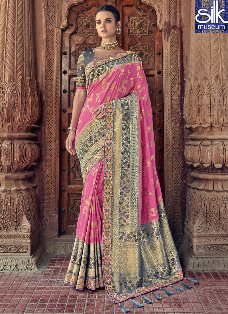 Lovely Pink Color Silk Fabric Designer Wedding Wear Traditional Saree