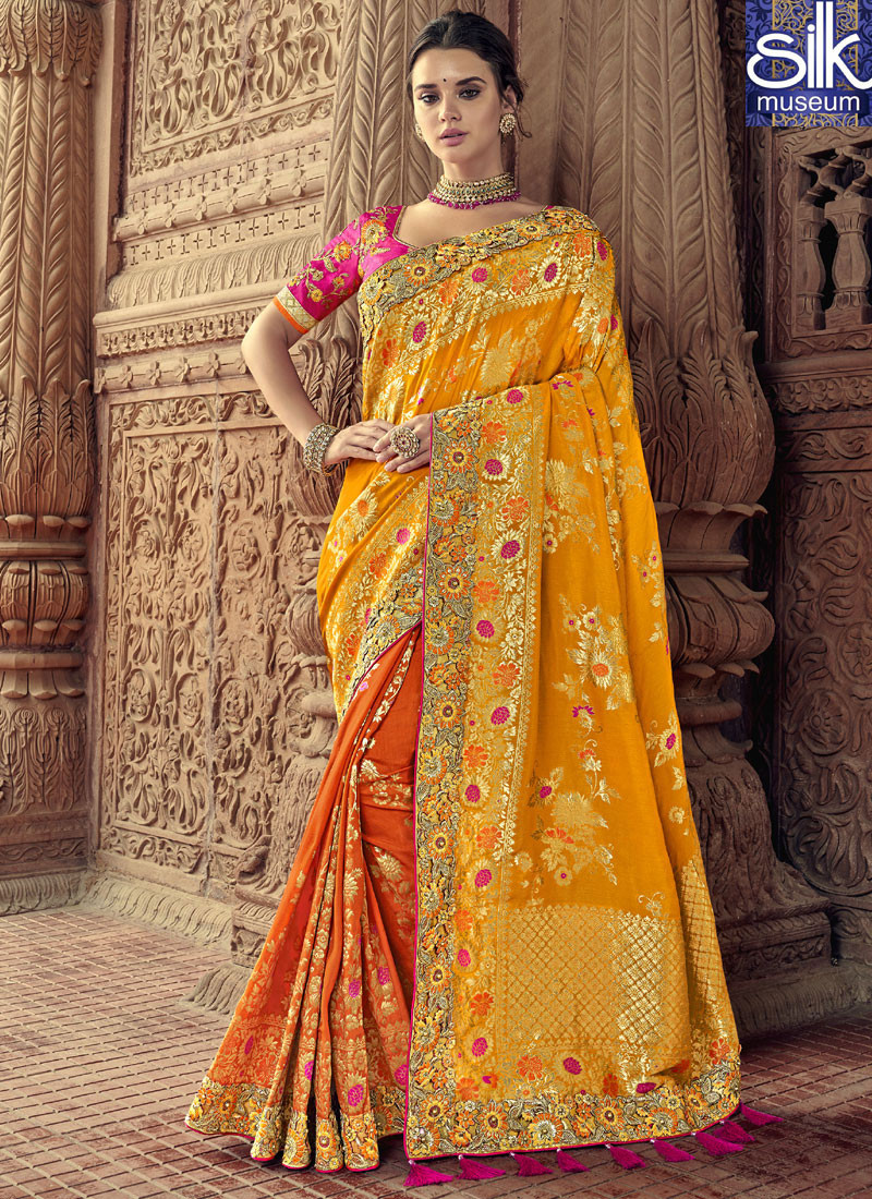 Majestic Orange And Mustard Color Silk Fabric Designer Wedding Wear Saree