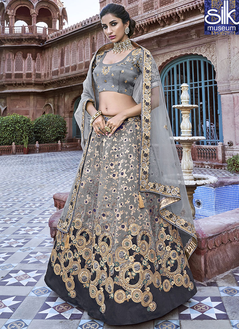 Delightful Grey Color Banarasi Silk Designer Wedding Wear Lehenga Choli