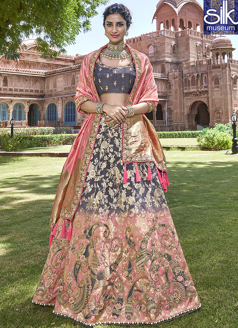 Majestic Grey With Pink Color Banarasi Silk New Designer Wedding Wear Lehenga Choli