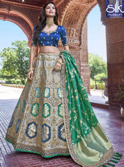 Beautiful Grey Color Banarasi Silk Wedding Wear Designer Lehenga Choli
