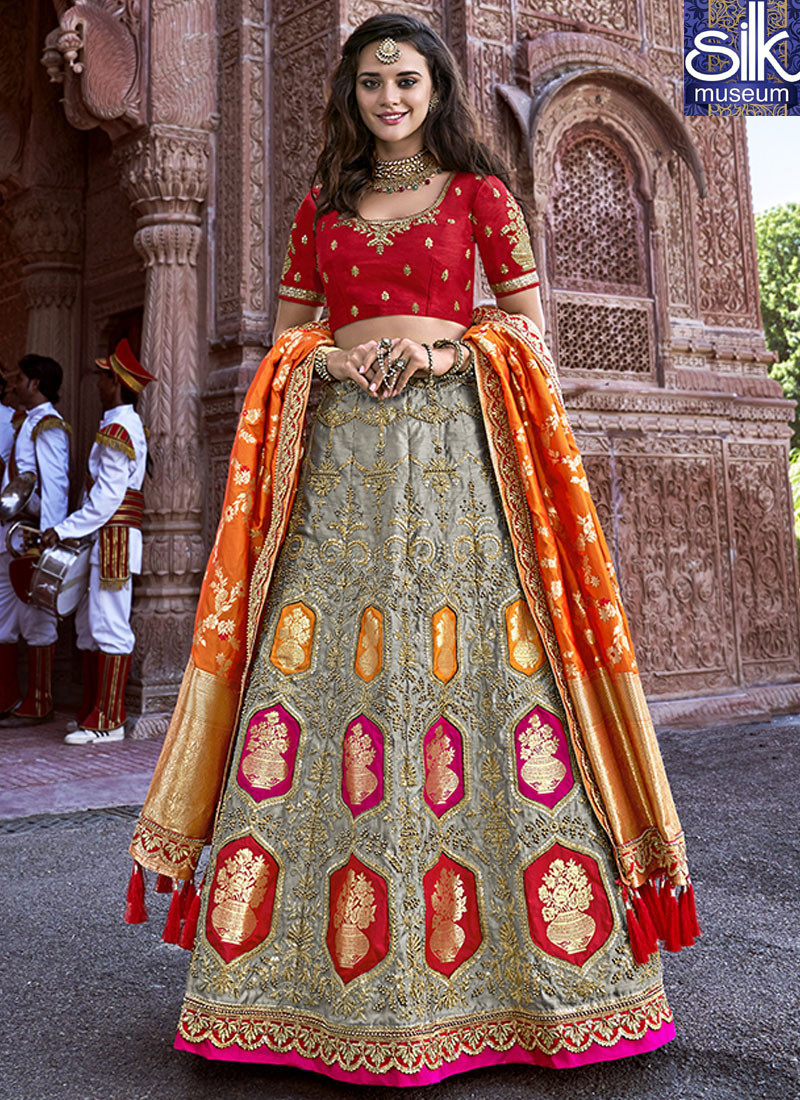 Divine Grey Color Banarasi Silk New Designer Wedding Wear Lehenga Choli