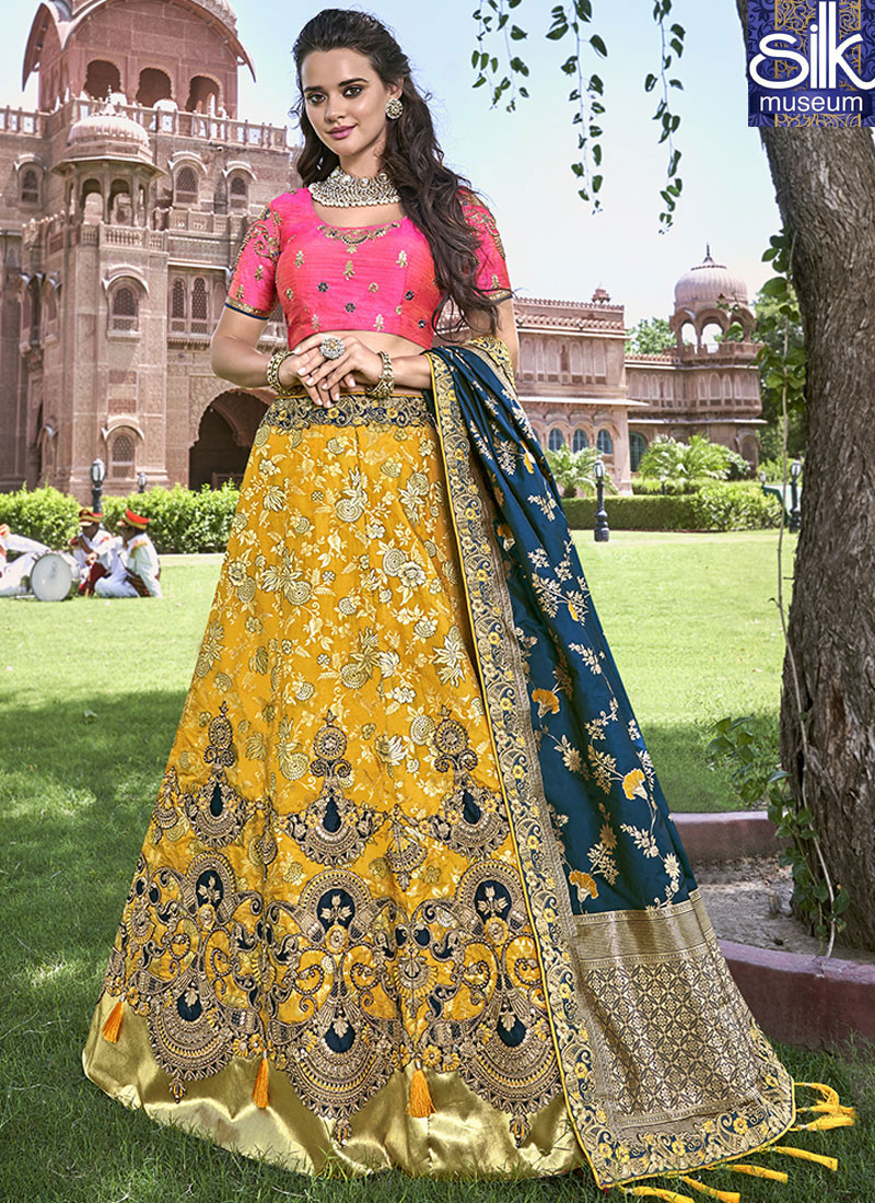 Divine Yellow Color Banarasi Silk New Designer Wedding Wear Lehenga Choli