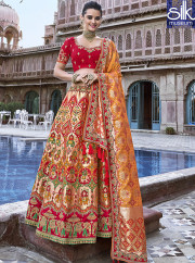 Attractive Peach And Orange Color Banarasi Silk Designer Traditional Wear Lehenga Choli