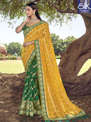 Adorable Green And Mustard Color Banarasi Silk Traditional Party Wear Saree