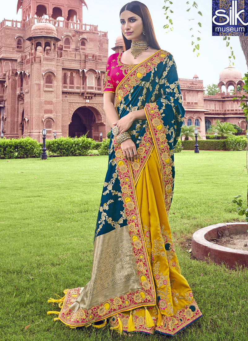 Wonderful Mustard With Teal Color Banarasi Silk Designer Wedding Wear Saree