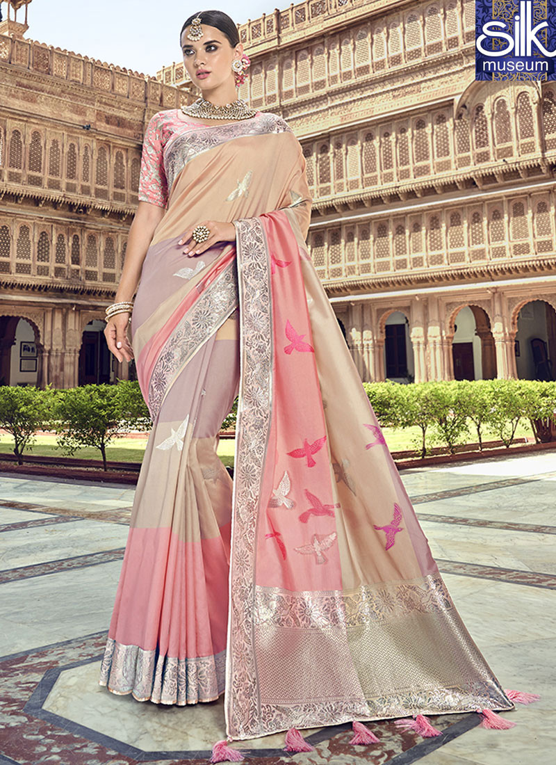 Divine Peach And Pink Color Silk Fabric New Designer Wedding Wear Traditional Saree