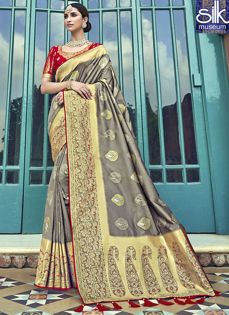 Awesome Grey Color Silk Fabric New Designer Wedding Wear Traditional Saree