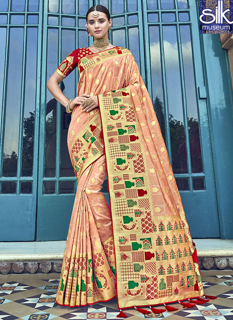 Wonderful Peach Color Silk Fabric Designer Traditional Wedding Wear Saree