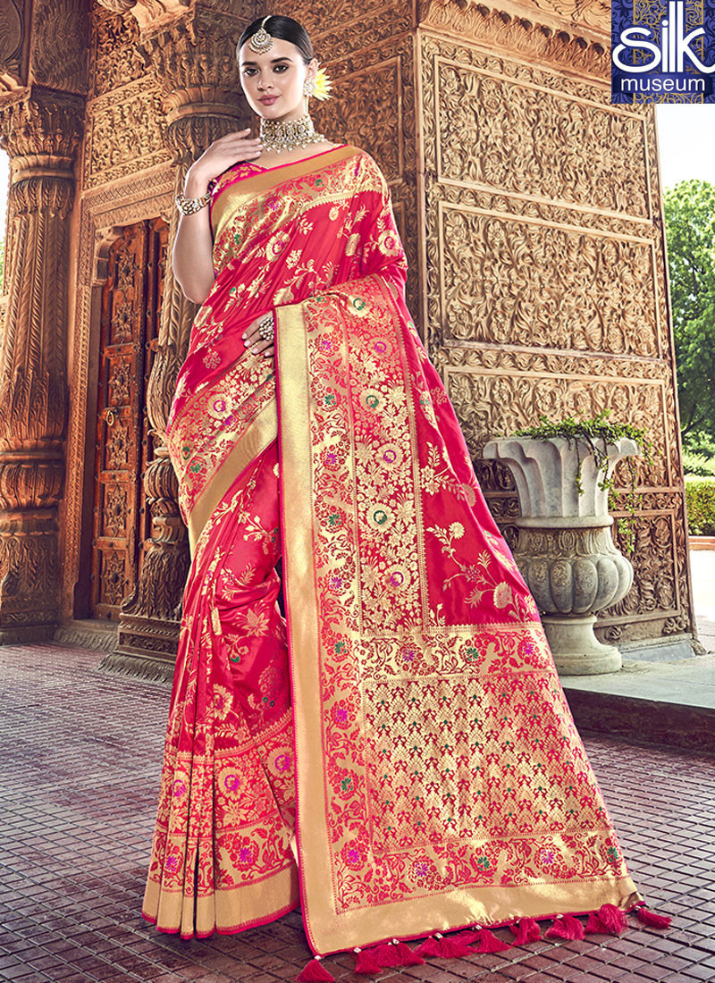 Awesome Hot Pink Banarasi Silk Designer Wedding Wear Traditional Saree
