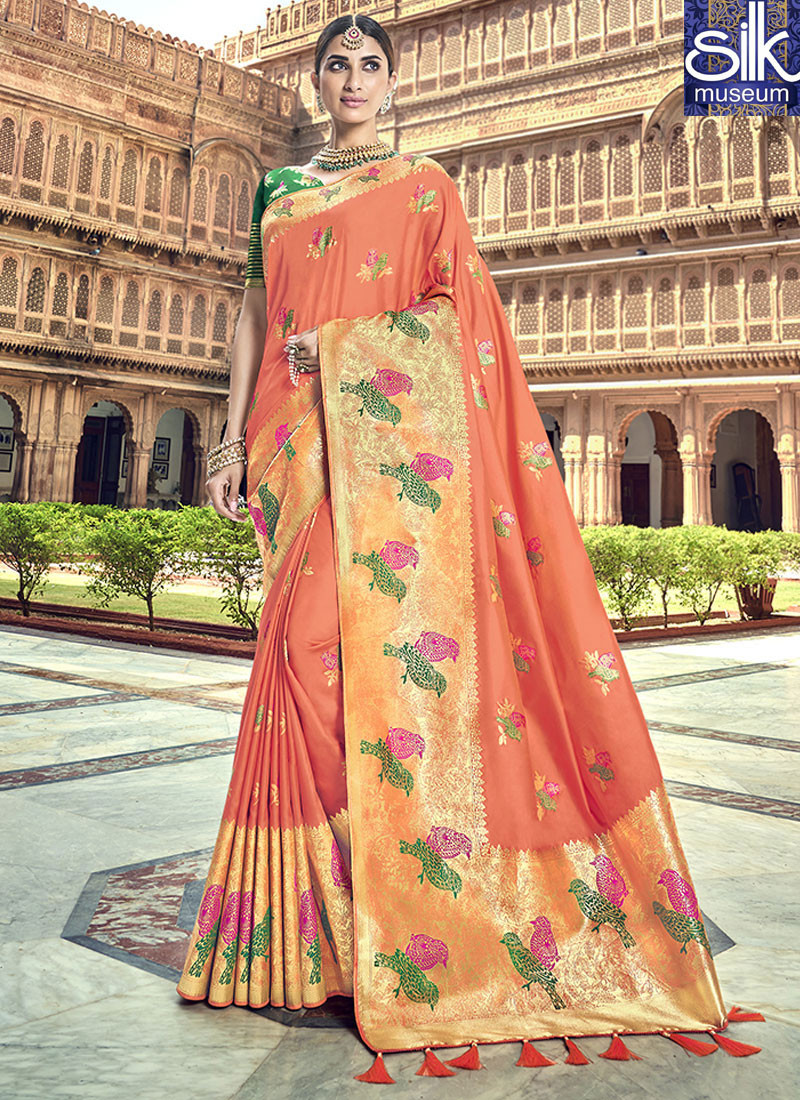 Beautiful Orange Color Silk Fabric New Designer Wedding Wear Saree