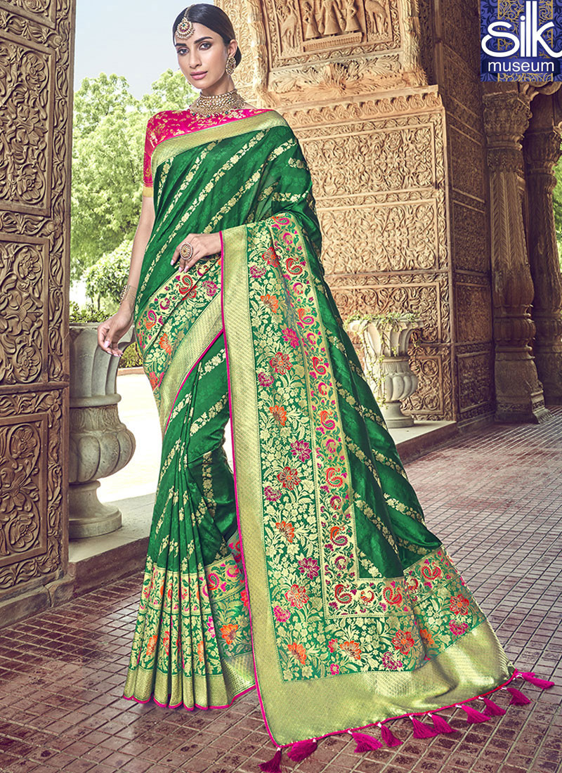 Divine Green Color Banarasi Silk Designer Wedding Wear Traditional Saree