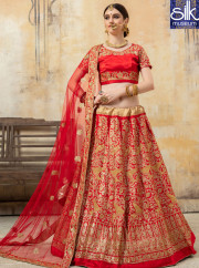 Awesome Red Color Fancy Satin Fabric Designer Wedding Wear Lehenga Choli