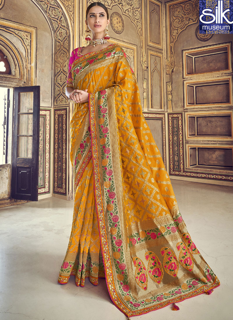 Magnetic Mustard Color Silk Fabric New Designer Wedding Wear Saree