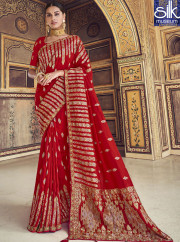 Eye Catchy Hot Red Color Silk Fabric Designer Wedding Wear Saree