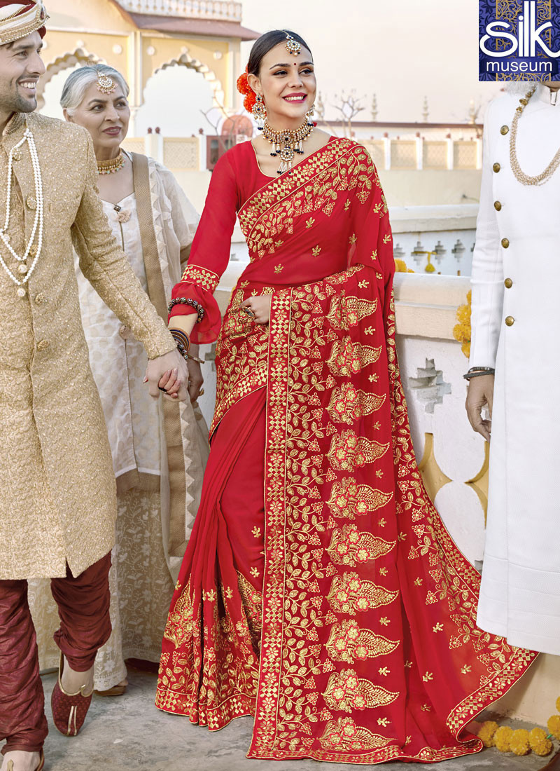 Awesome Red Color Georgette New Designer Wedding Wear Traditional Saree